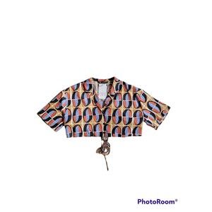 NWT ZARA  WMNS CROPPED GEOMETRICAL DESIGN BLOUSE SHORT SLEEVE TIE IN BACK SZ XL